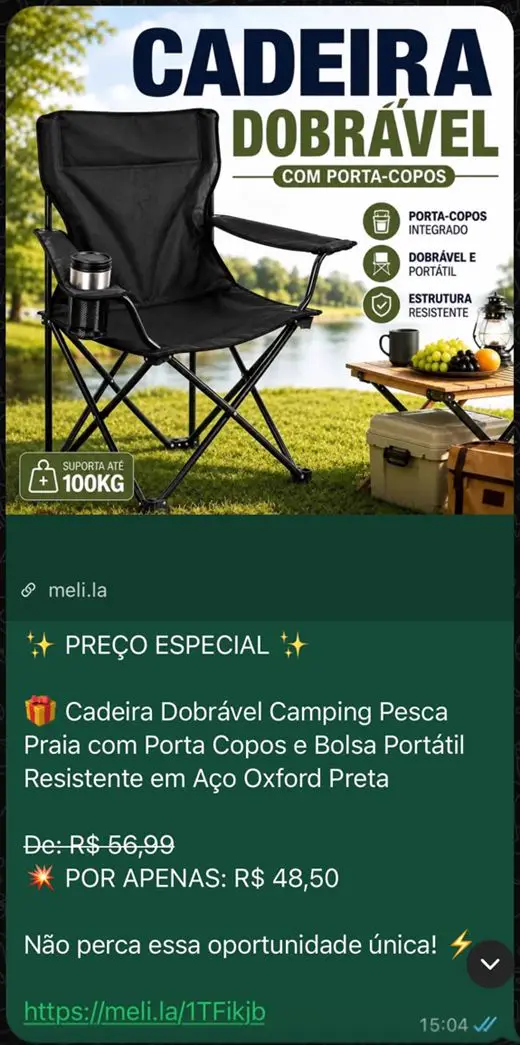 Print da oferta de cadeira dobrável de camping de R$ 56,99 por R$ 48,50