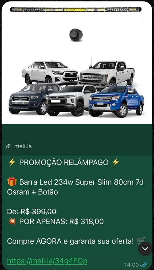 Print da oferta de barra de LED 234W de R$ 399,00 por R$ 318,00