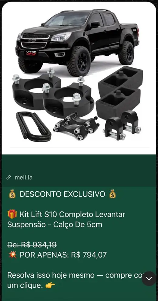 Print da oferta de kit lift S10 de R$ 934,19 por R$ 794,07