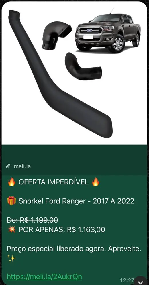 Print da oferta de snorkel para Ford Ranger de R$ 1.199,00 por R$ 1.163,00